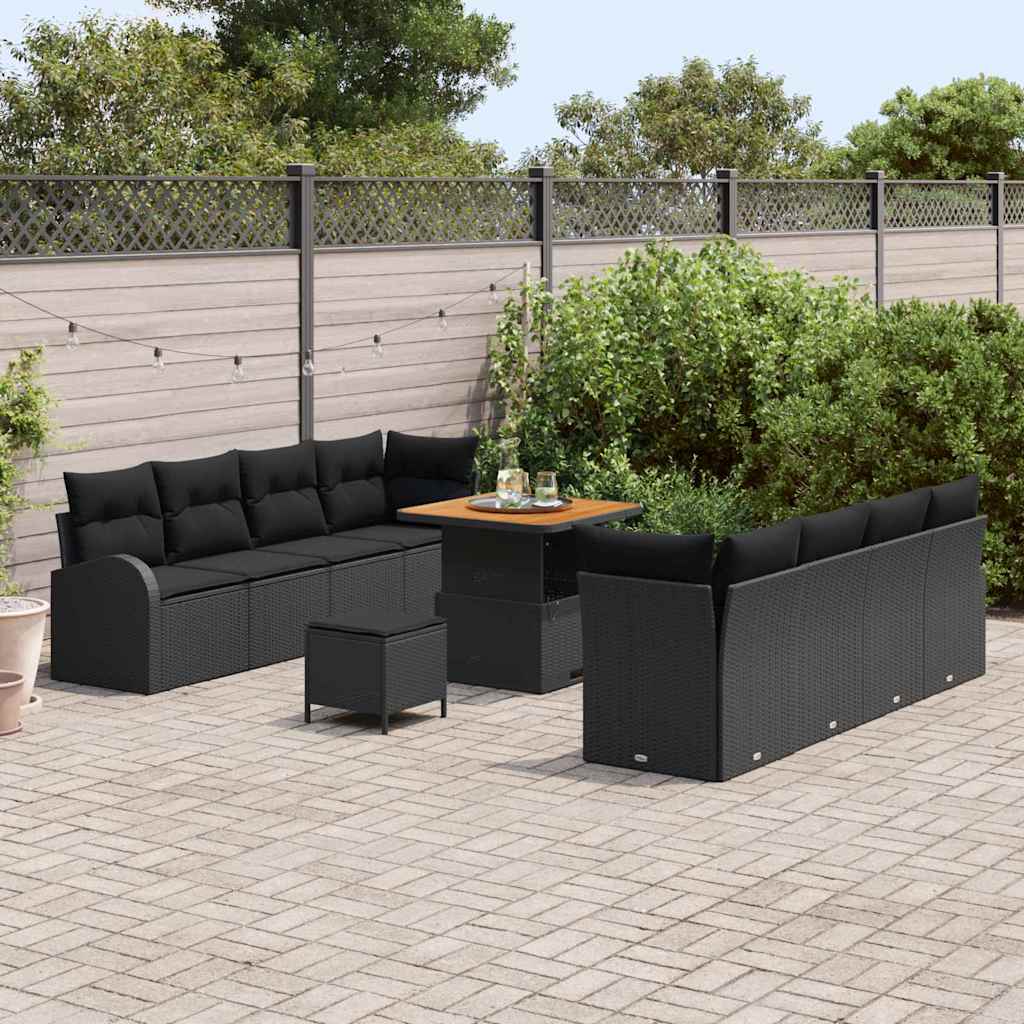 Havesofa Sæt 11 pcs Sort Polyrattan, stål og massivt akacietræ