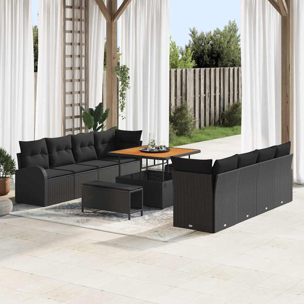 Havesofa Sæt 11 pcs Sort Polyrattan, stål og massivt akacietræ