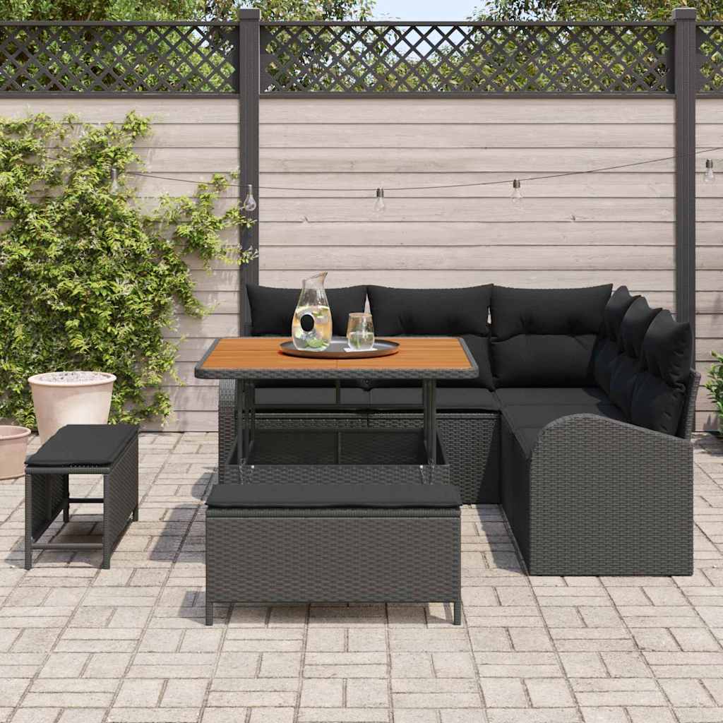 Havesofa Sæt 8 pcs Sort Polyrattan, stål og massivt akacietræ