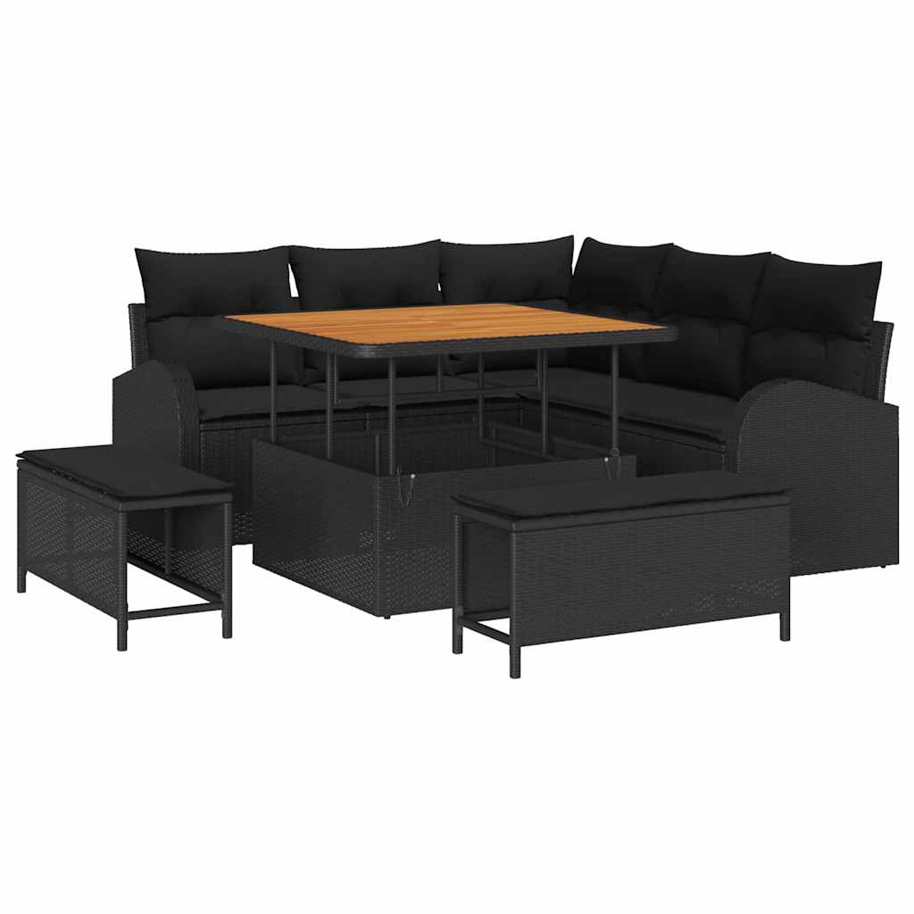 Havesofa Sæt 8 pcs Sort Polyrattan, stål og massivt akacietræ