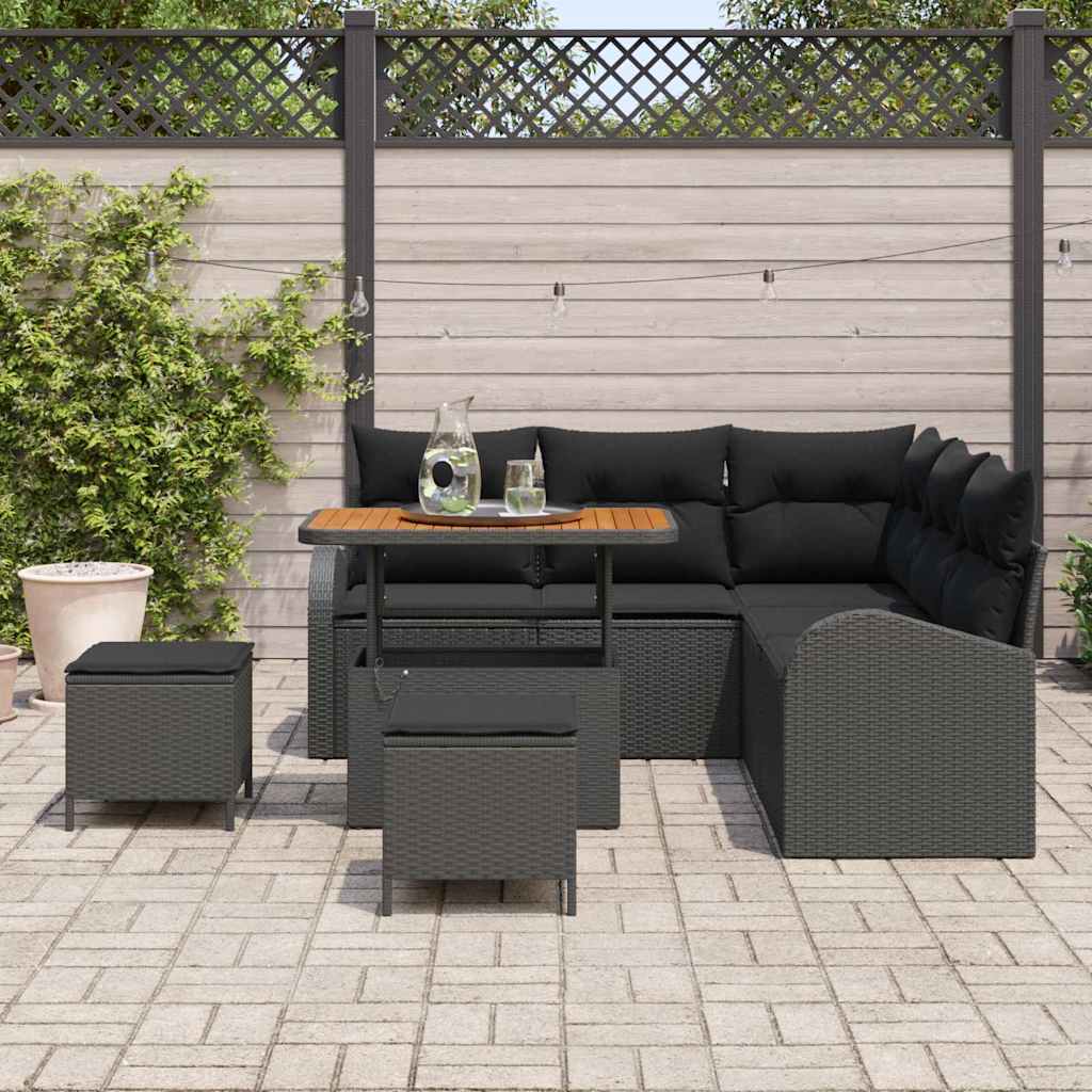 Havesofa Sæt 8 pcs Sort Polyrattan, stål og massivt akacietræ