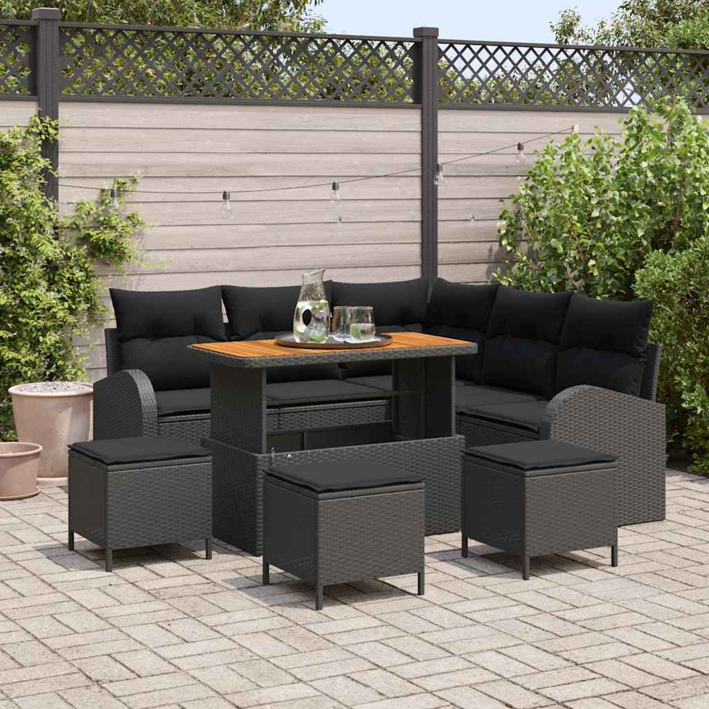 Havesofa Sæt 9 pcs Sort Polyrattan, stål og massivt akacietræ