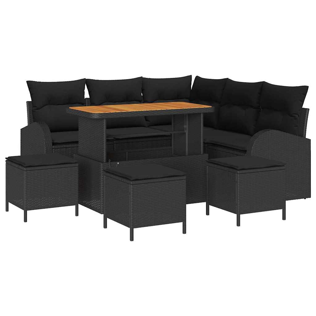 Havesofa Sæt 9 pcs Sort Polyrattan, stål og massivt akacietræ