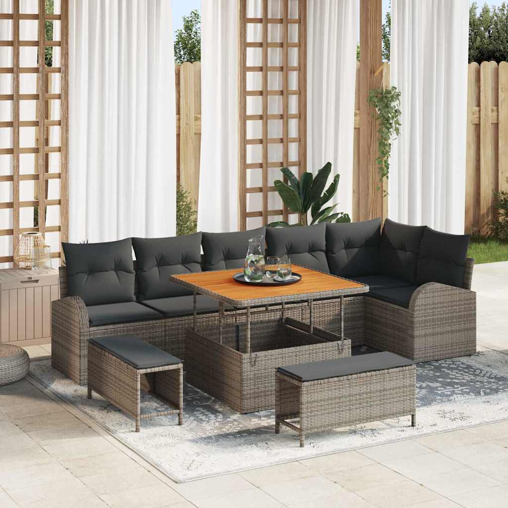 Havesofa Sæt 9 pcs Grå Polyrattan, stål og massivt akacietræ