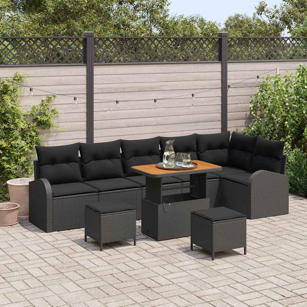 Havesofa Sæt 9 pcs Sort Polyrattan, stål og massivt akacietræ