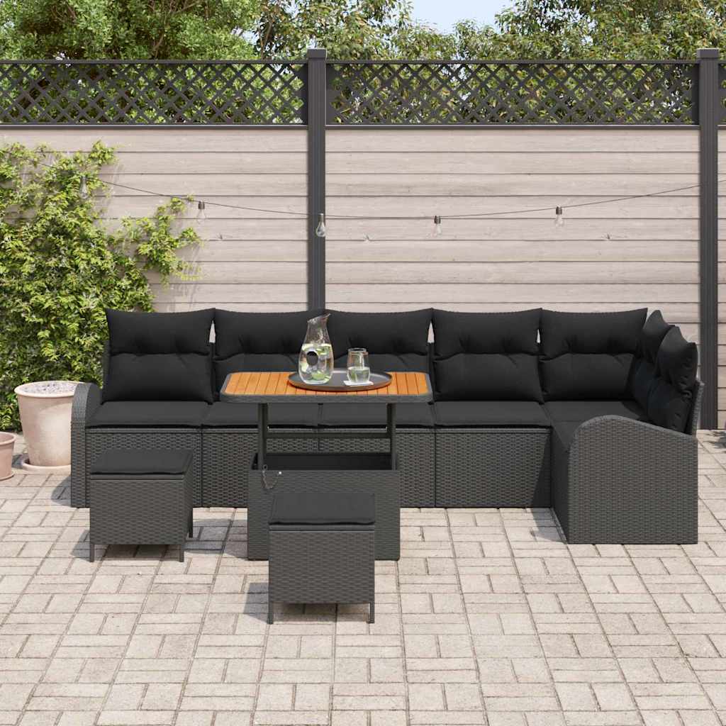 Havesofa Sæt 9 pcs Sort Polyrattan, stål og massivt akacietræ