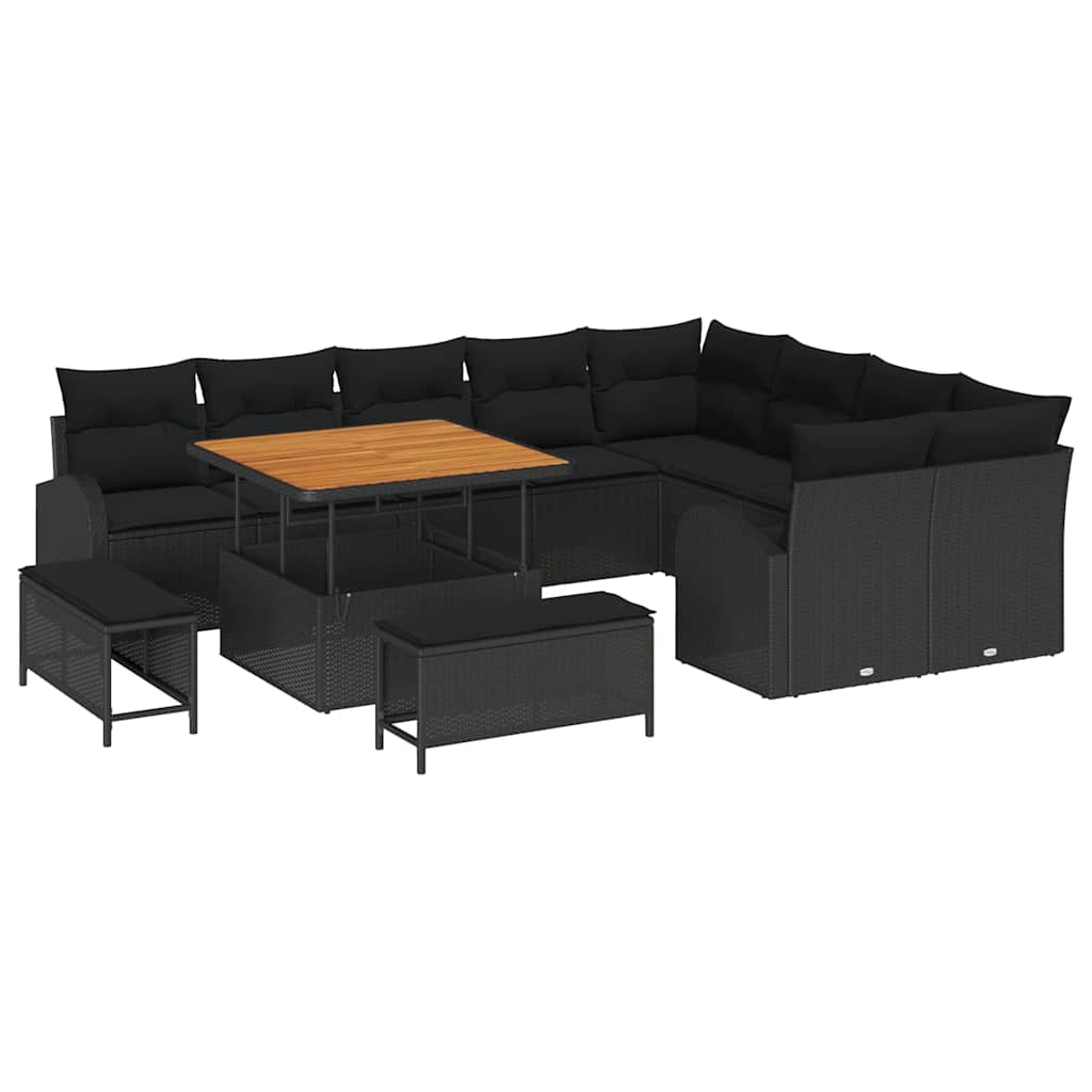 Havesofa Sæt 12 pcs Sort Polyrattan, stål og massivt akacietræ