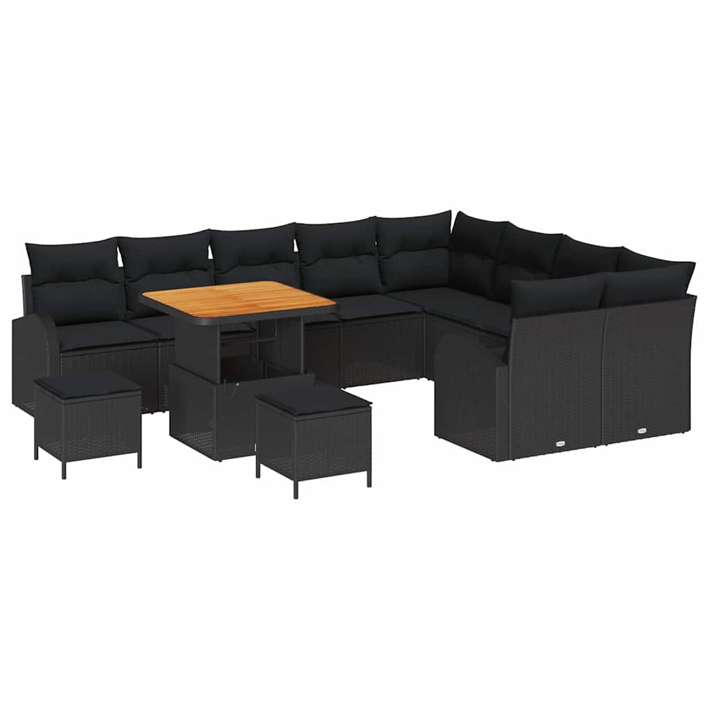 Havesofa Sæt 12 pcs Sort Polyrattan, stål og massivt akacietræ