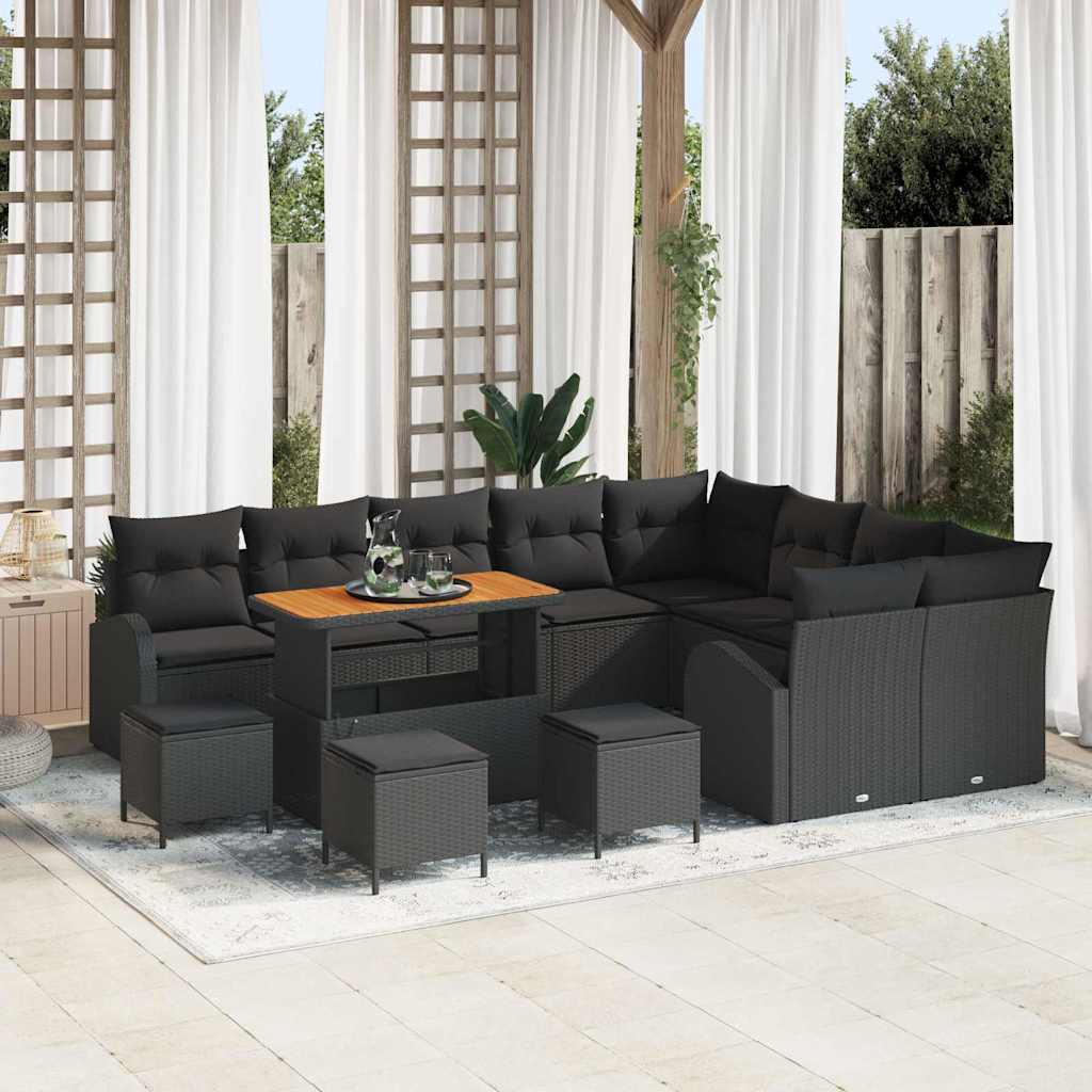 Havesofa Sæt 13 pcs Sort Polyrattan, stål og massivt akacietræ