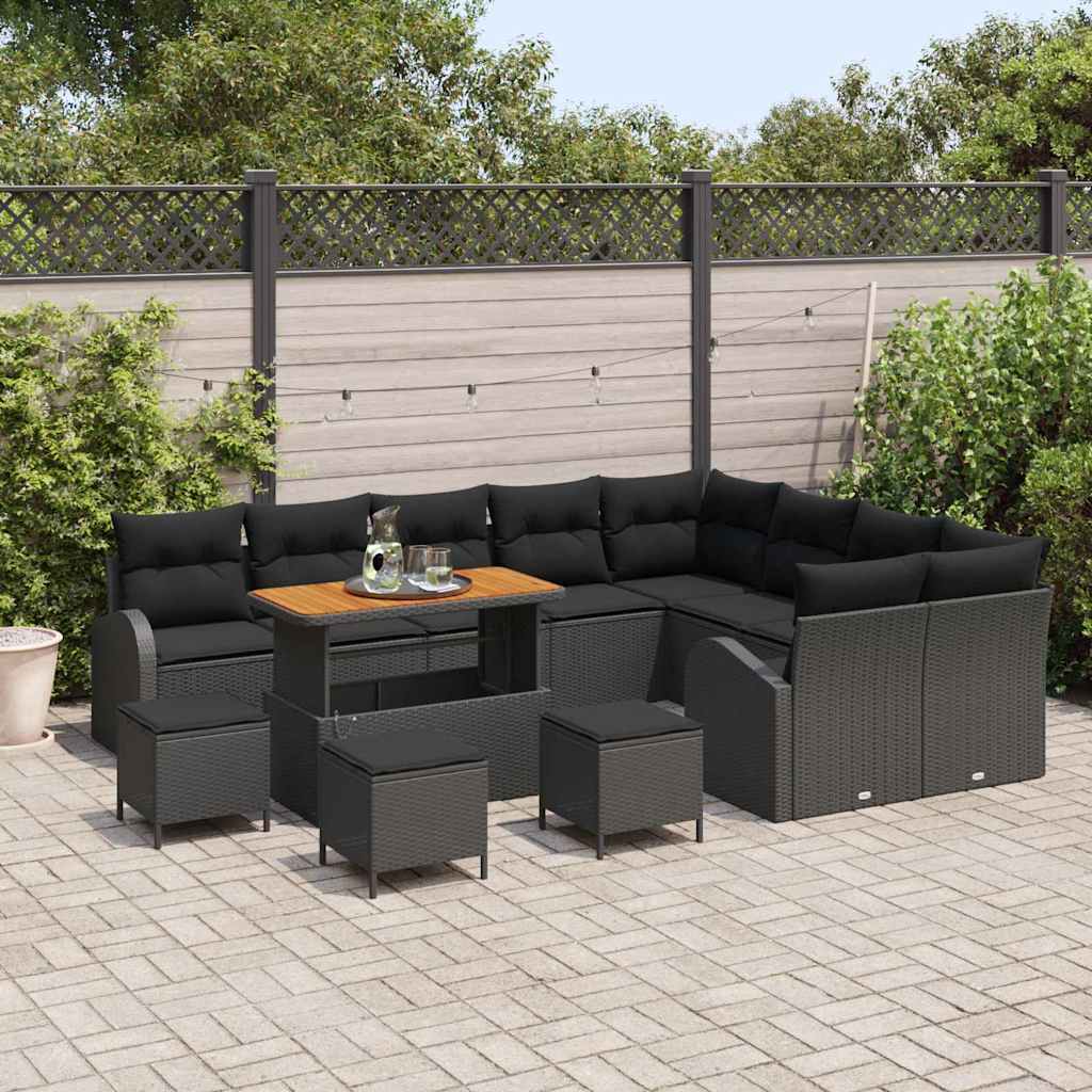 Havesofa Sæt 13 pcs Sort Polyrattan, stål og massivt akacietræ