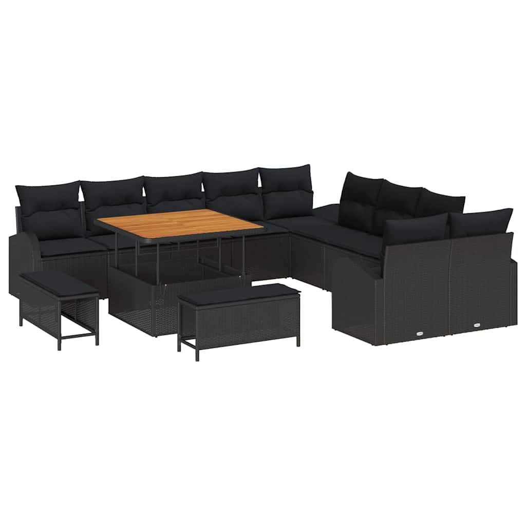 Havesofa Sæt 13 pcs Sort Polyrattan, stål og massivt akacietræ
