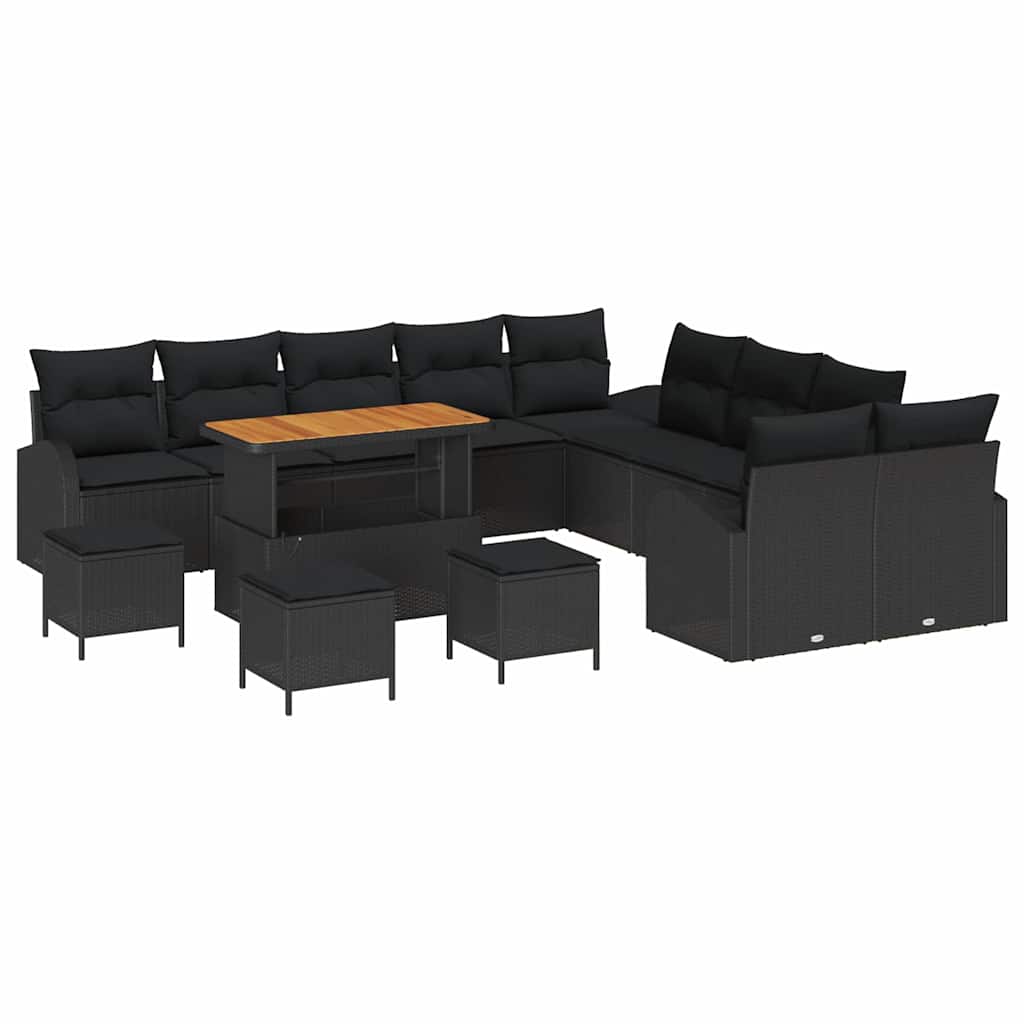Havesofa Sæt 14 pcs Sort Polyrattan, stål og massivt akacietræ