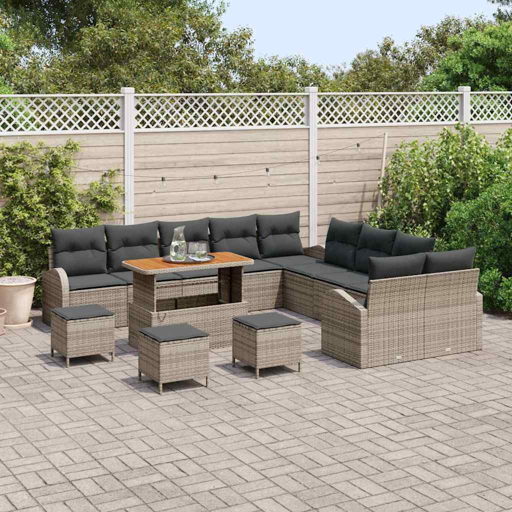 Havesofa Sæt 14 pcs Grå Polyrattan, stål og massivt akacietræ