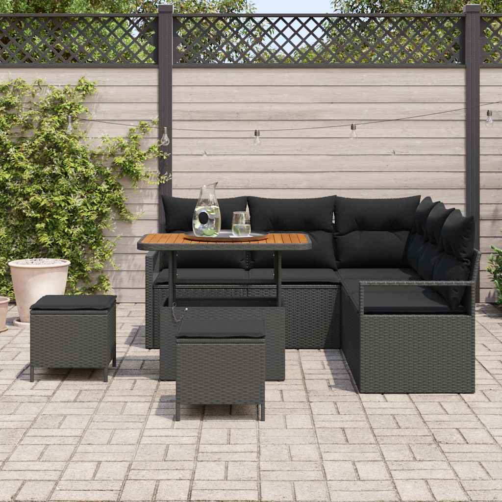 Havesofa Sæt 8 pcs Sort Polyrattan, stål og massivt akacietræ