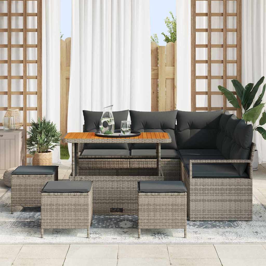 Havesofa Sæt 9 pcs Grå Polyrattan, stål og massivt akacietræ