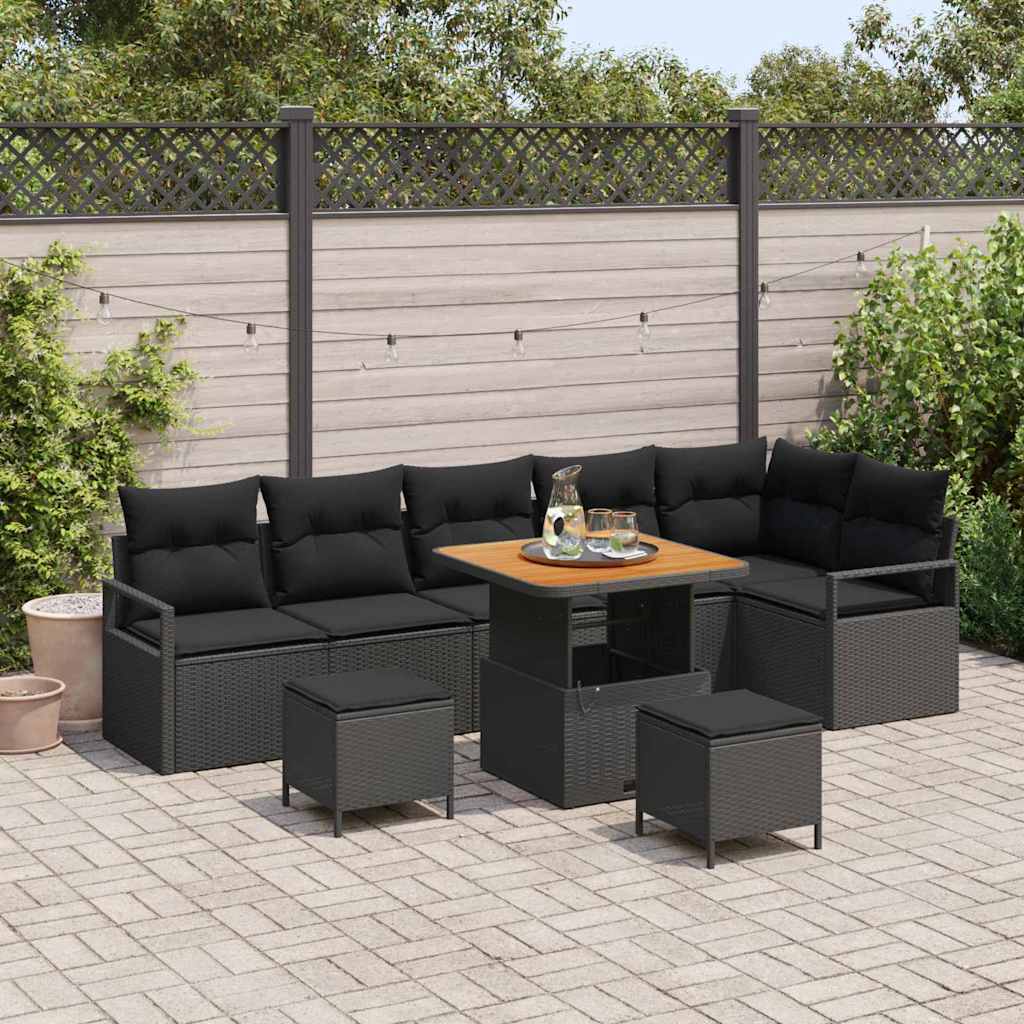 Havesofa Sæt 9 pcs Sort Polyrattan, stål og massivt akacietræ