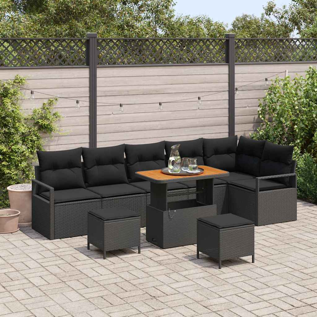 Havesofa Sæt 9 pcs Sort Polyrattan, stål og massivt akacietræ