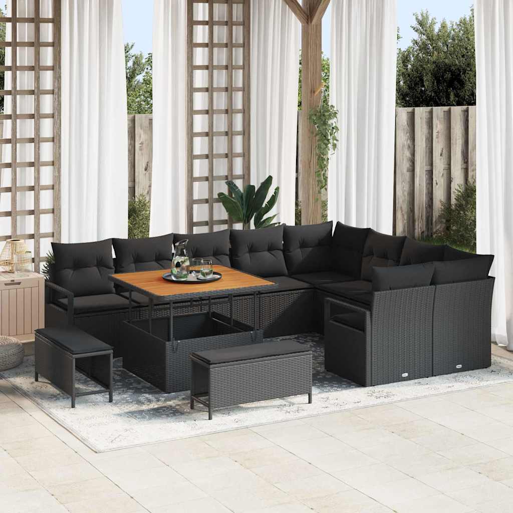Havesofa Sæt 12 pcs Sort Polyrattan, stål og massivt akacietræ