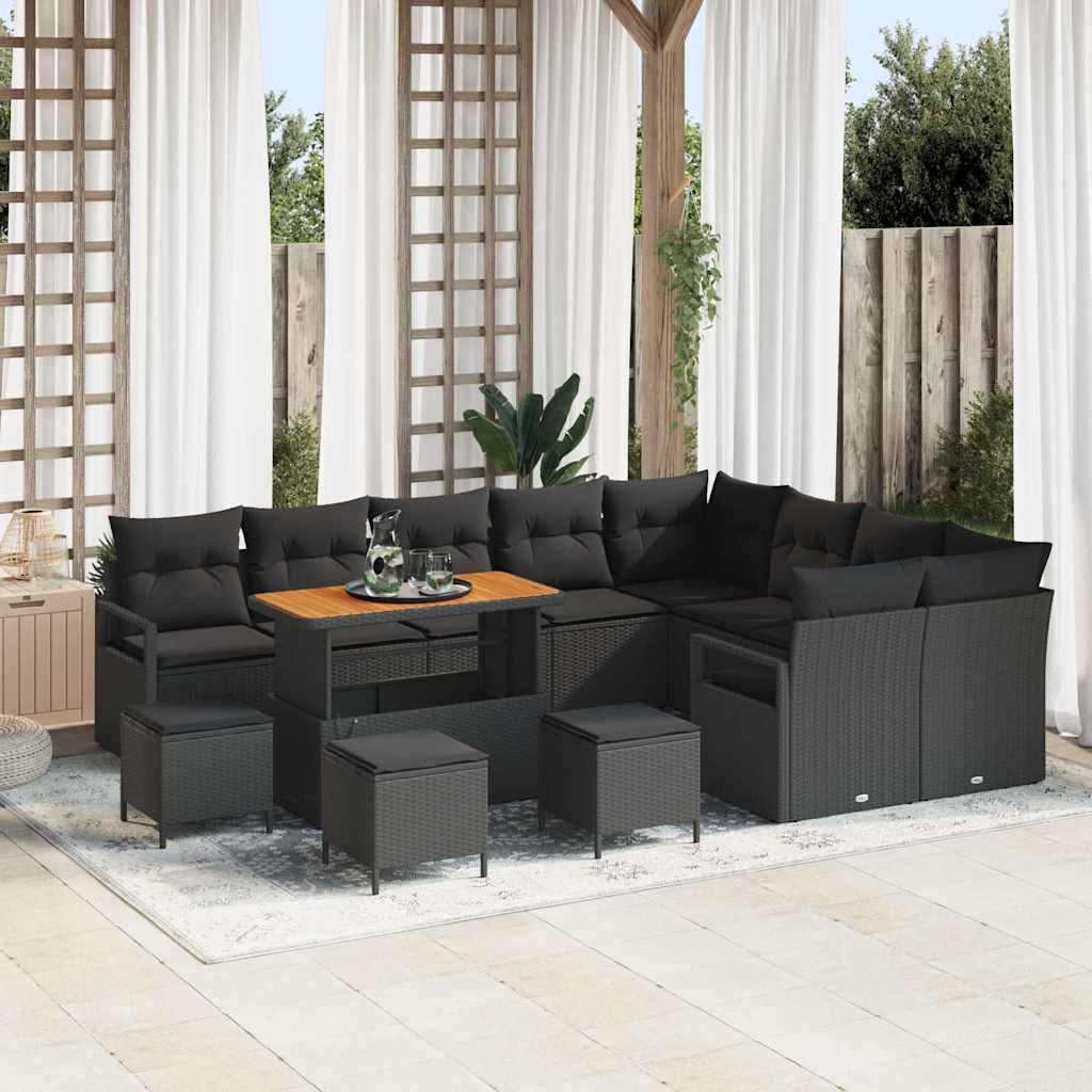Havesofa Sæt 13 pcs Sort Polyrattan, stål og massivt akacietræ