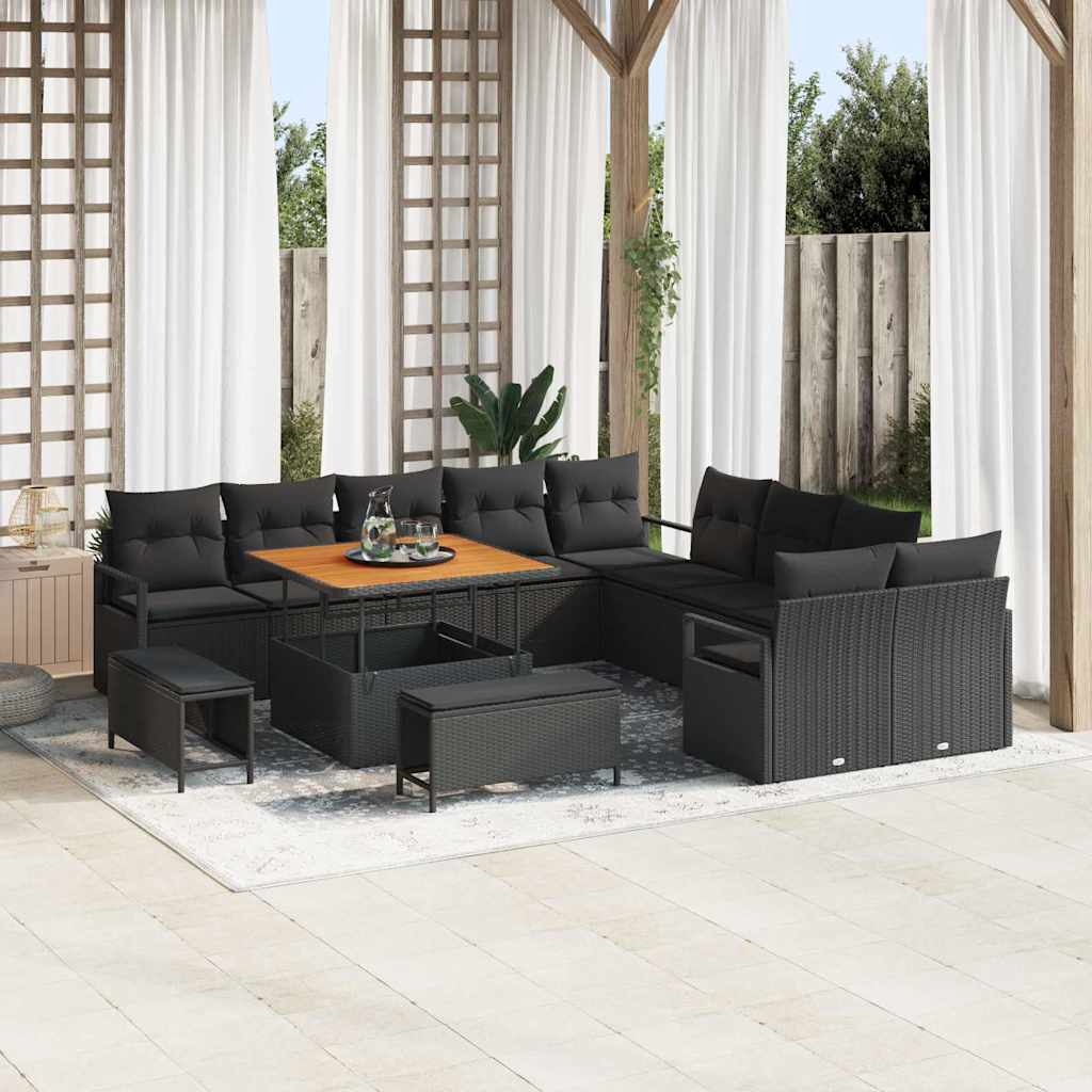 Havesofa Sæt 13 pcs Sort Polyrattan, stål og massivt akacietræ