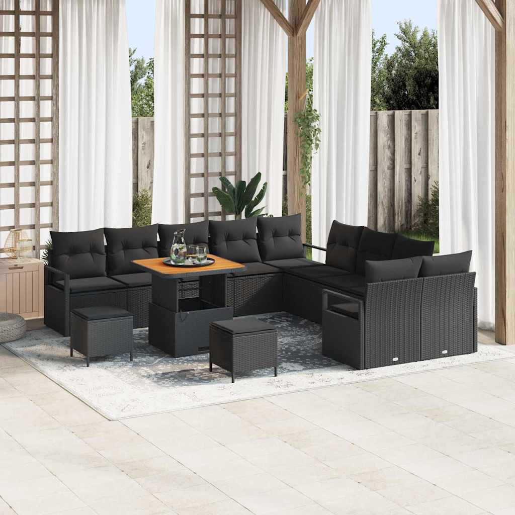 Havesofa Sæt 13 pcs Sort Polyrattan, stål og massivt akacietræ