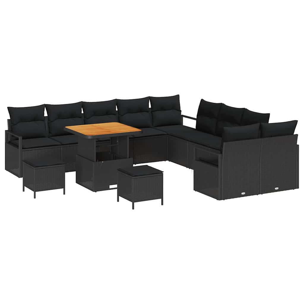 Havesofa Sæt 13 pcs Sort Polyrattan, stål og massivt akacietræ