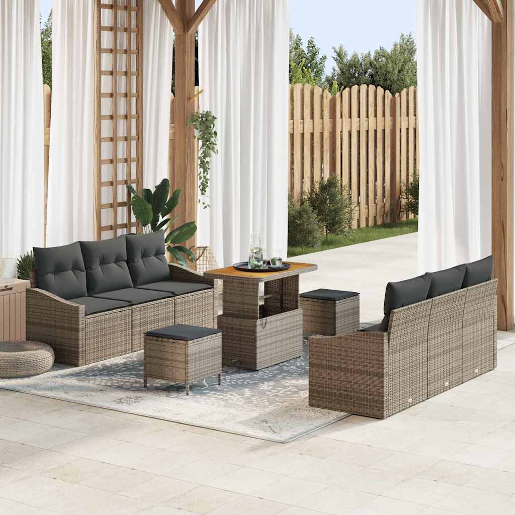 Havesofa Sæt 9 pcs Grå Polyrattan, stål og massivt akacietræ