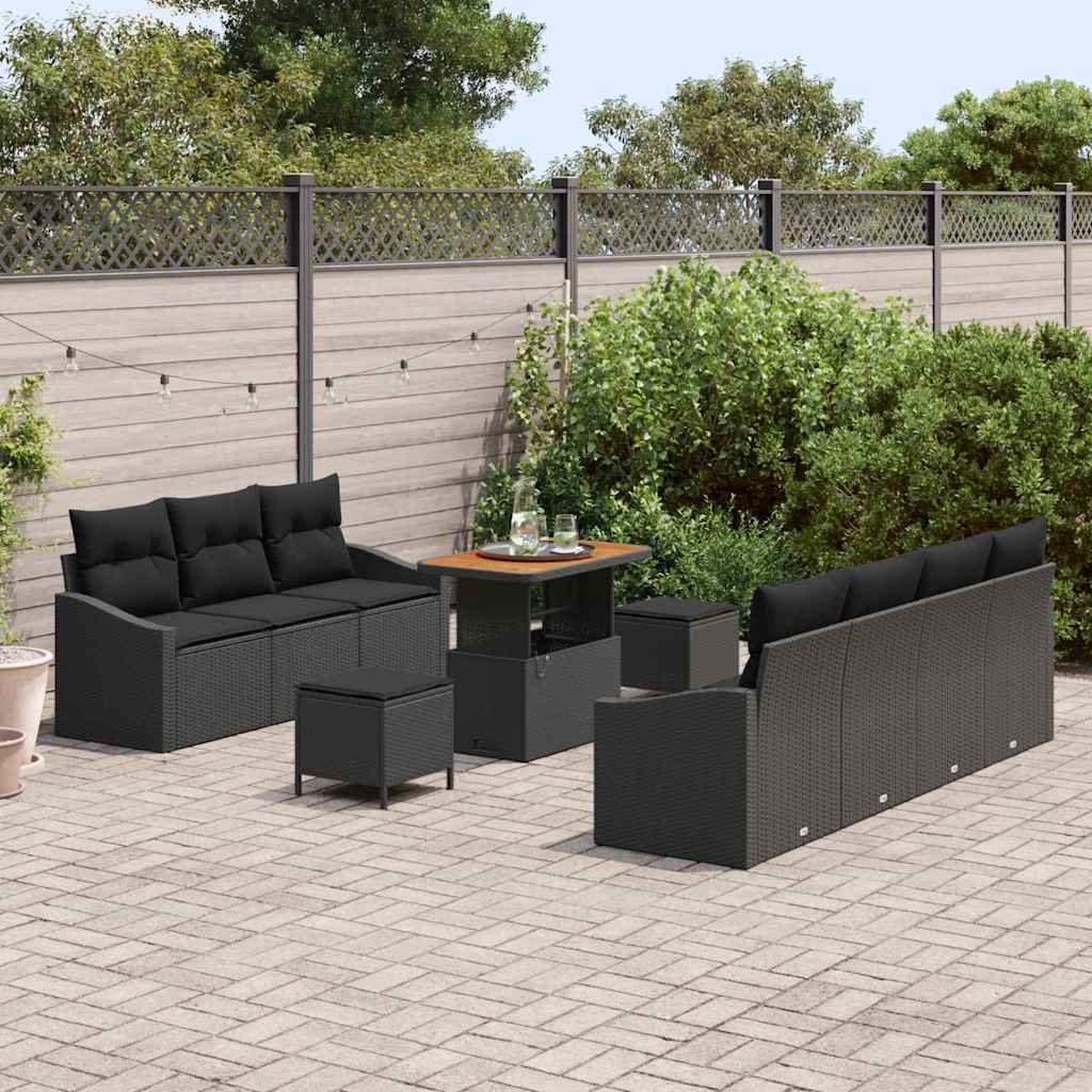 Havesofa Sæt 10 pcs Sort Polyrattan, stål og massivt akacietræ