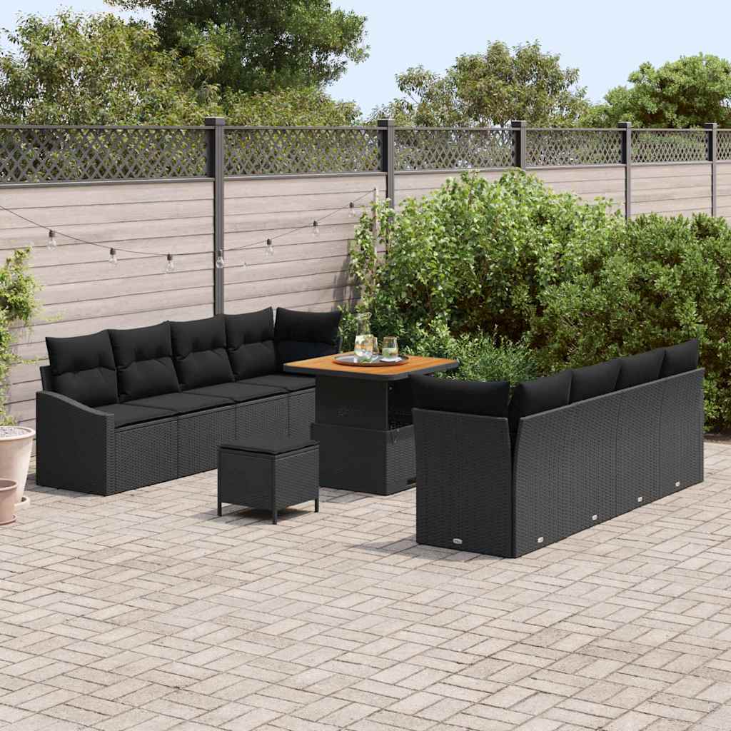 Havesofa Sæt 11 pcs Sort Polyrattan, stål og massivt akacietræ