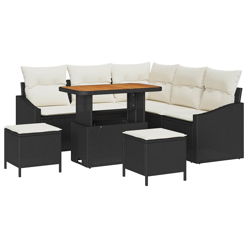 Havesofa Sæt med pude med opbevaring 8 pcs Sort Poly rattan