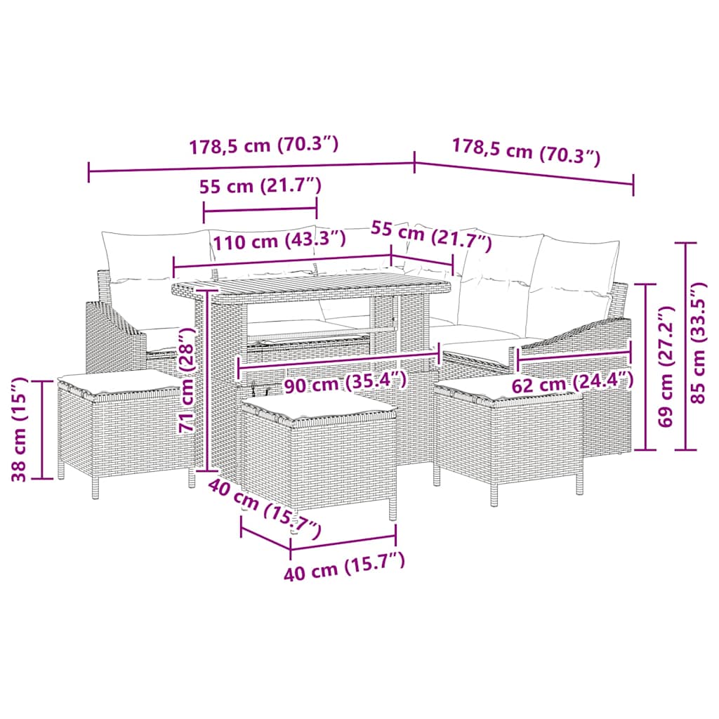 Havesofa Sæt med pude med opbevaring 9 pcs Grå Poly rattan