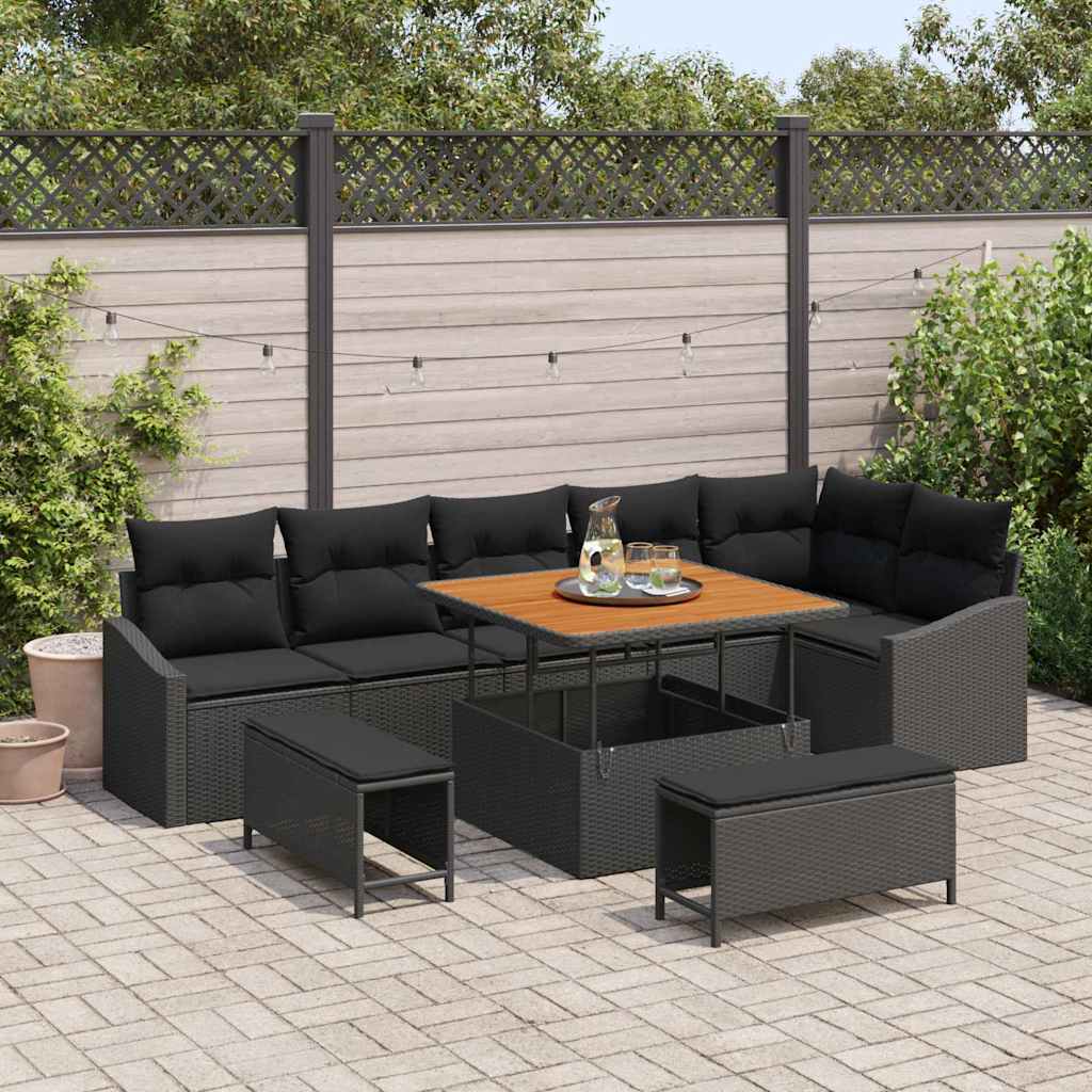 Havesofa Sæt med pude med opbevaring 9 pcs Sort Poly rattan