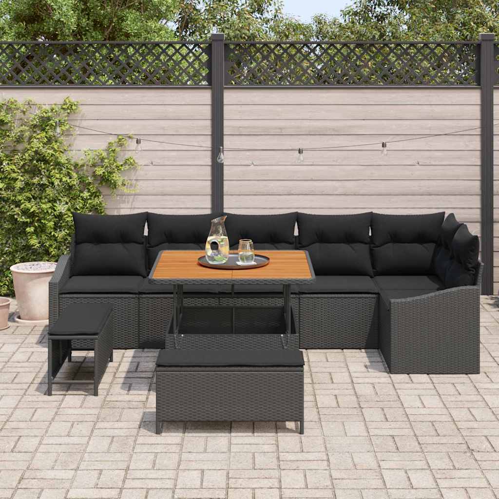 Havesofa Sæt med pude med opbevaring 9 pcs Sort Poly rattan