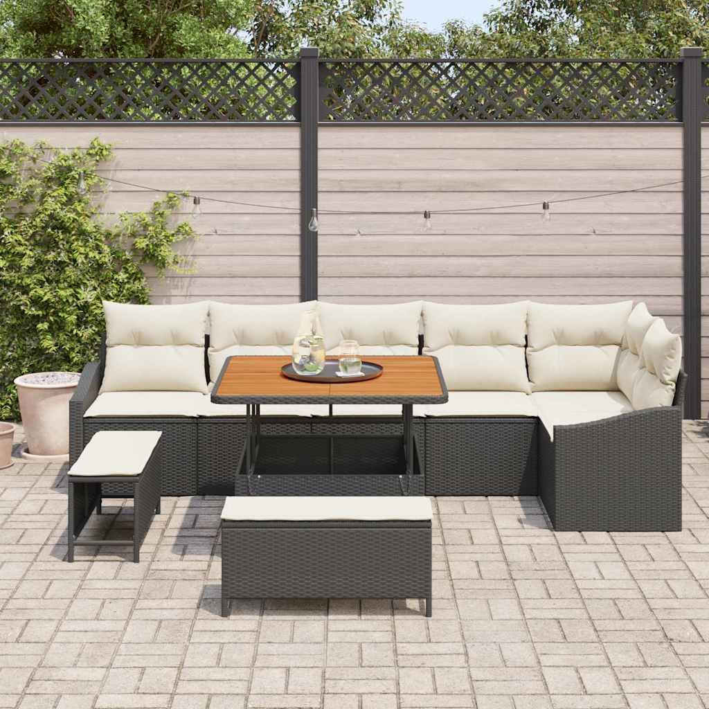 Havesofa Sæt med pude med opbevaring 9 pcs Sort Poly rattan