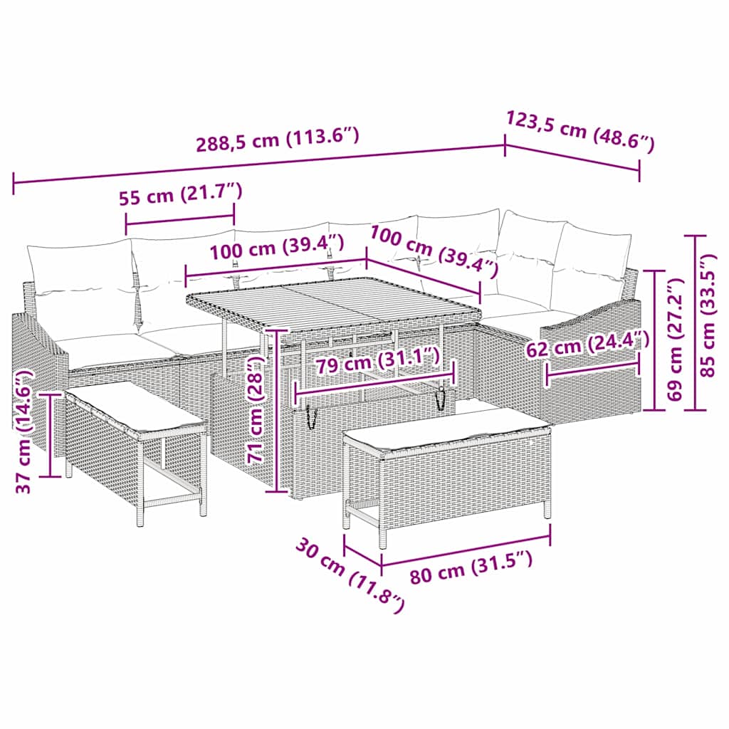 Havesofa Sæt med pude med opbevaring 9 pcs Beige Poly rattan