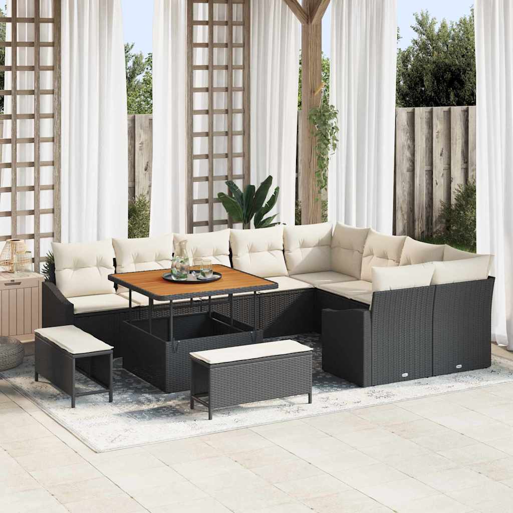 Havesofa Sæt med pude med opbevaring 12 pcs Sort Poly rattan
