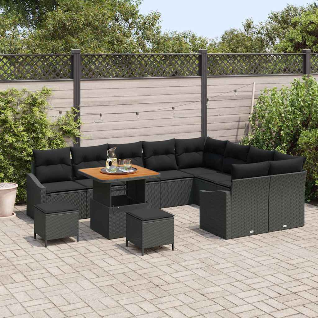 Havesofa Sæt med pude med opbevaring 12 pcs Sort Poly rattan