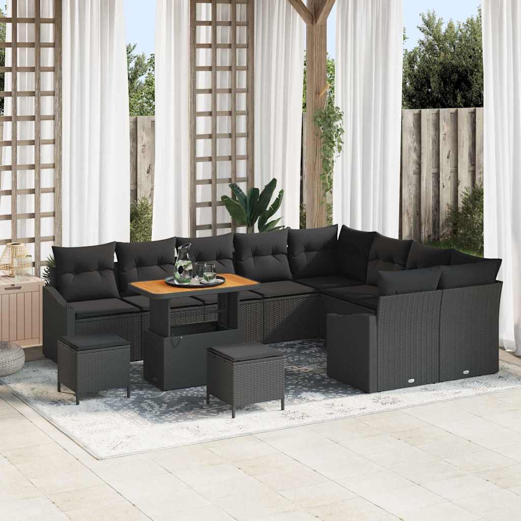 Havesofa Sæt med pude med opbevaring 12 pcs Sort Poly rattan