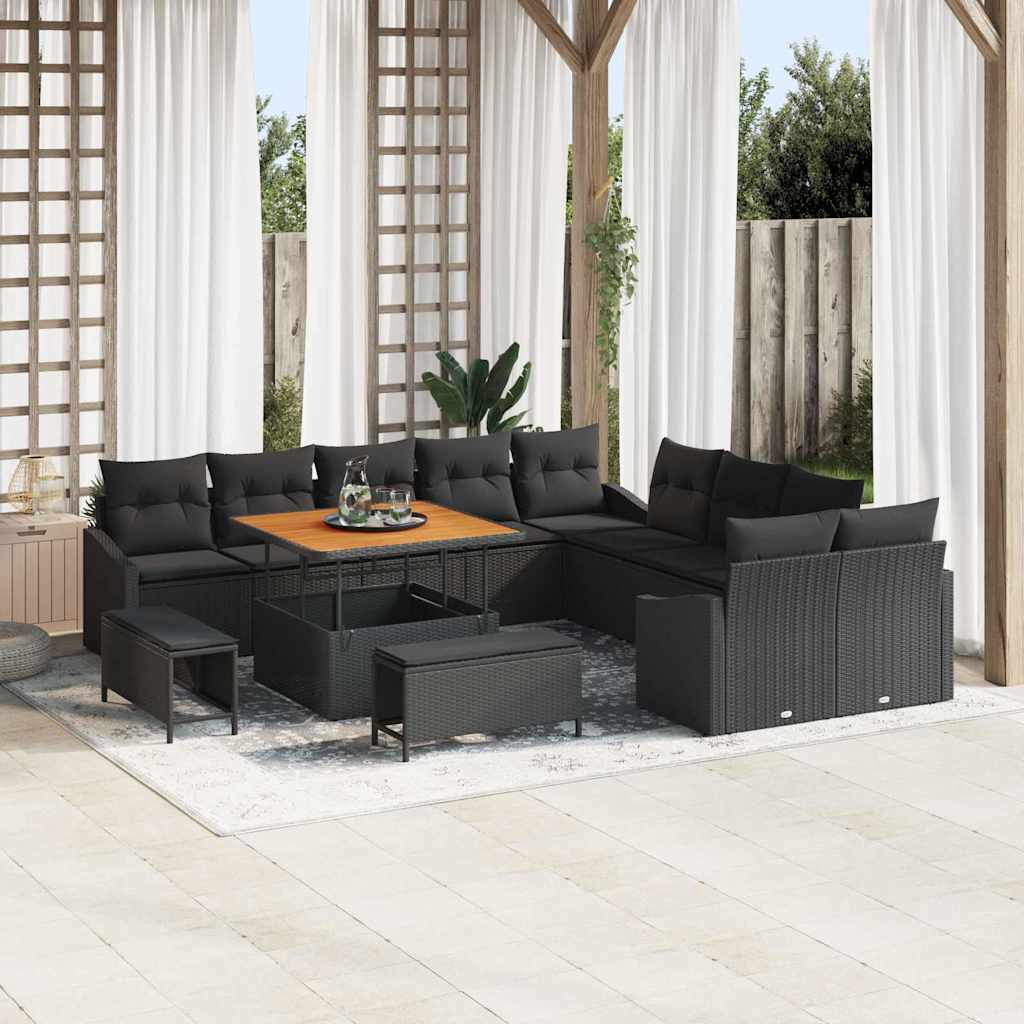 Havesofa Sæt med pude med opbevaring 13 pcs Sort Poly rattan