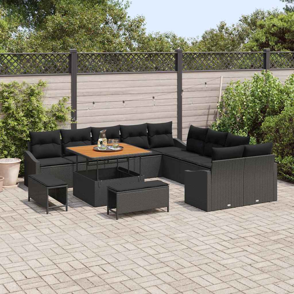 Havesofa Sæt med pude med opbevaring 13 pcs Sort Poly rattan