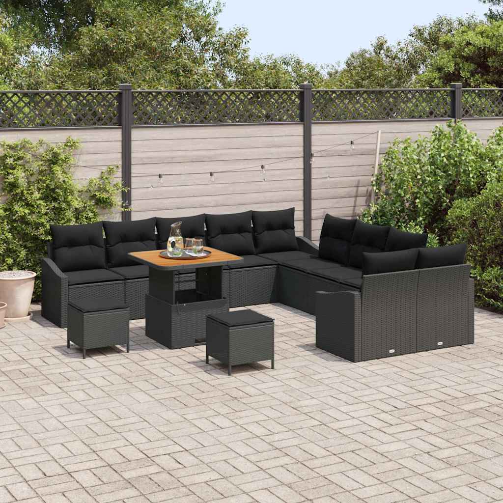 Havesofa Sæt med pude med opbevaring 13 pcs Sort Poly rattan