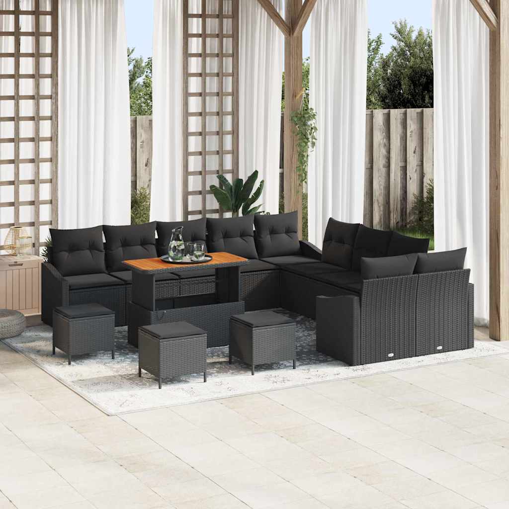 Havesofa Sæt med pude med opbevaring 13 pcs Sort Poly rattan