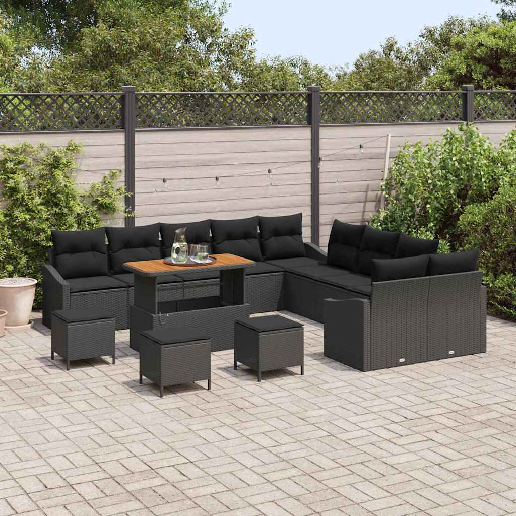 Havesofa Sæt med pude med opbevaring 13 pcs Sort Poly rattan
