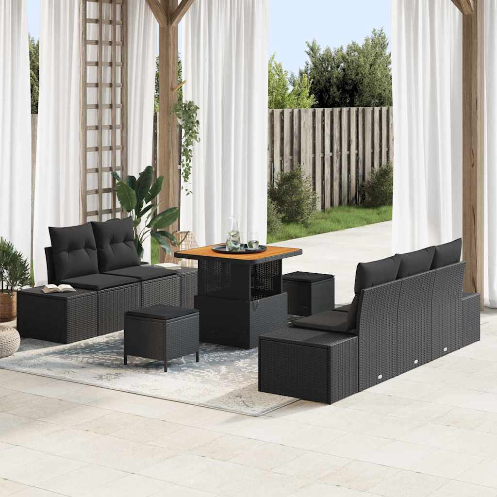 Havesofa Sæt med pude med opbevaring 8 pcs Sort Poly rattan