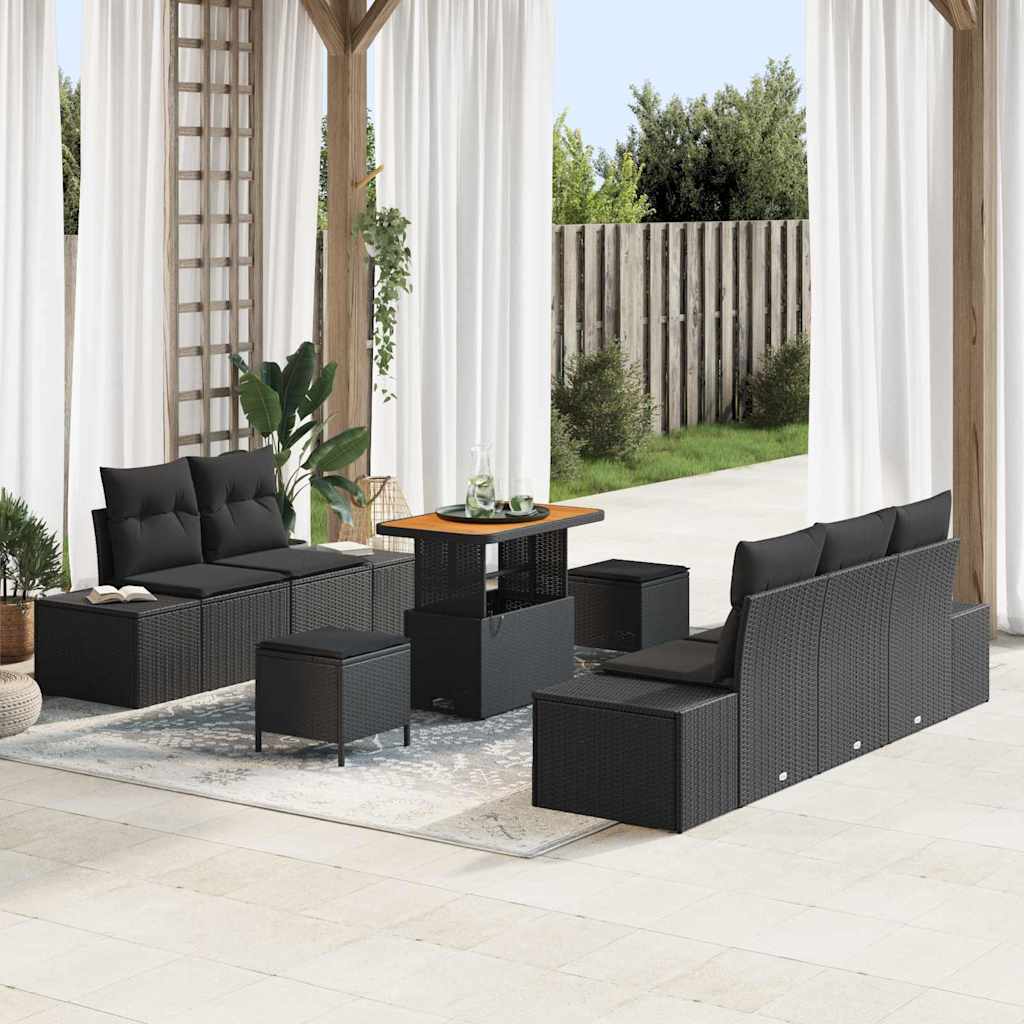 Havesofa Sæt med pude med opbevaring 8 pcs Sort Poly rattan