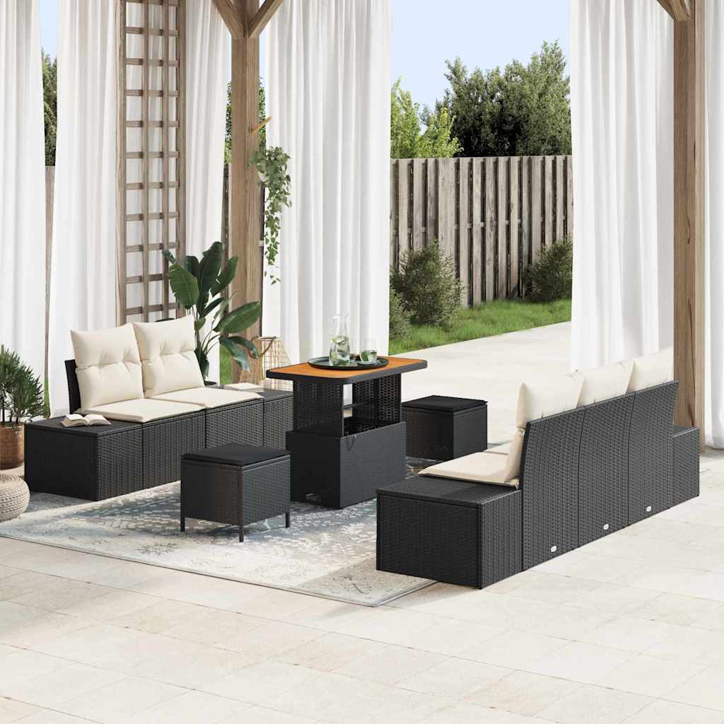 Havesofa Sæt med pude med opbevaring 8 pcs Sort Poly rattan