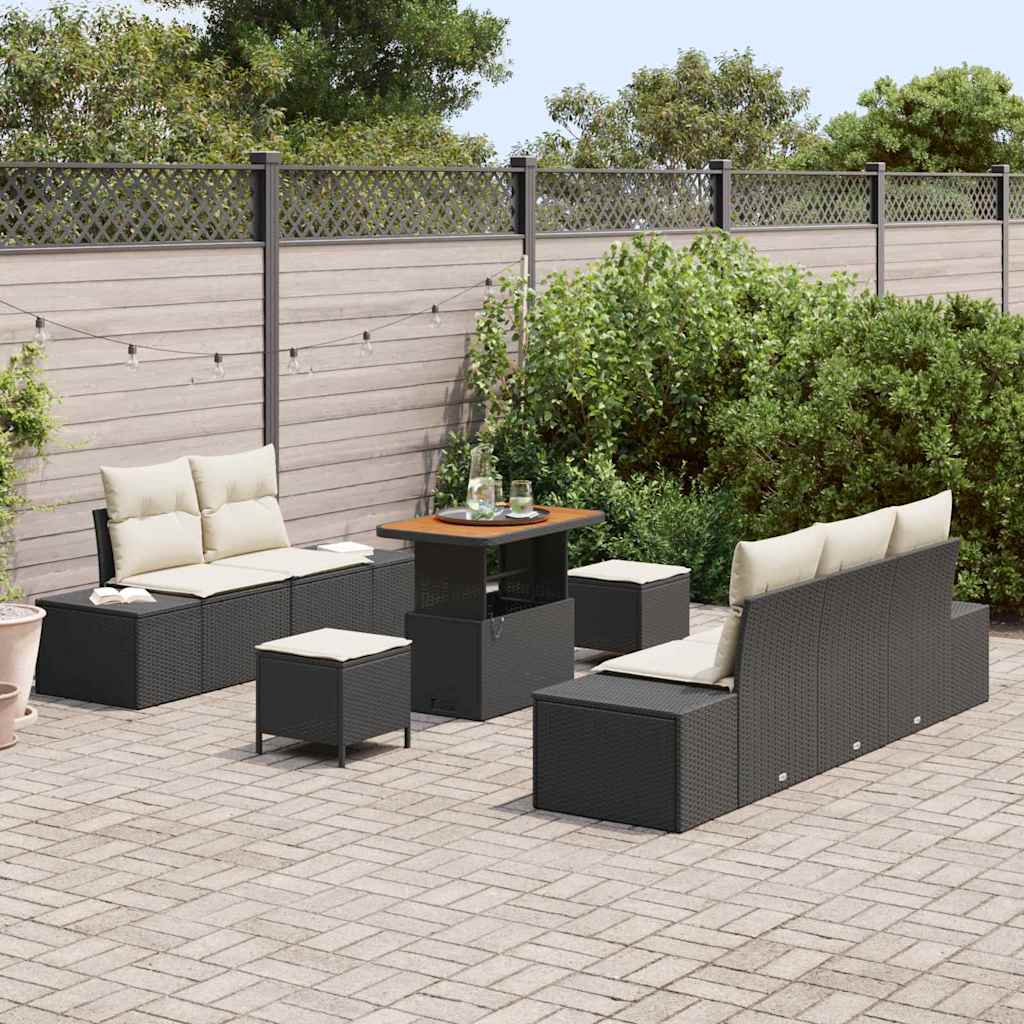 Havesofa Sæt med pude med opbevaring 8 pcs Sort Poly rattan