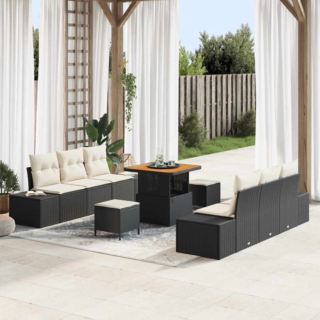Havesofa Sæt med pude med opbevaring 9 pcs Sort Poly rattan