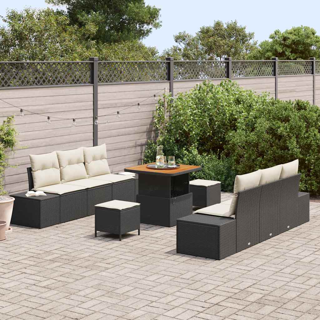 Havesofa Sæt med pude med opbevaring 9 pcs Sort Poly rattan