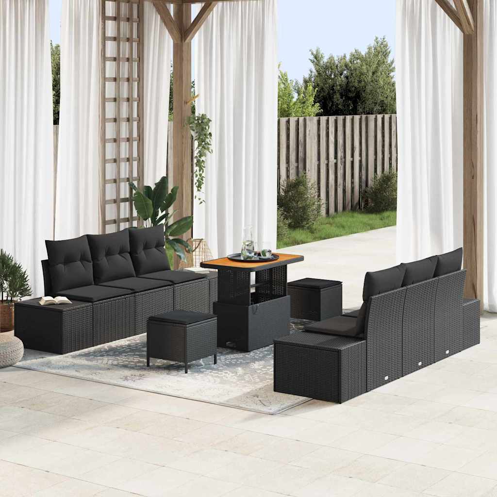 Havesofa Sæt med pude med opbevaring 9 pcs Sort Poly rattan